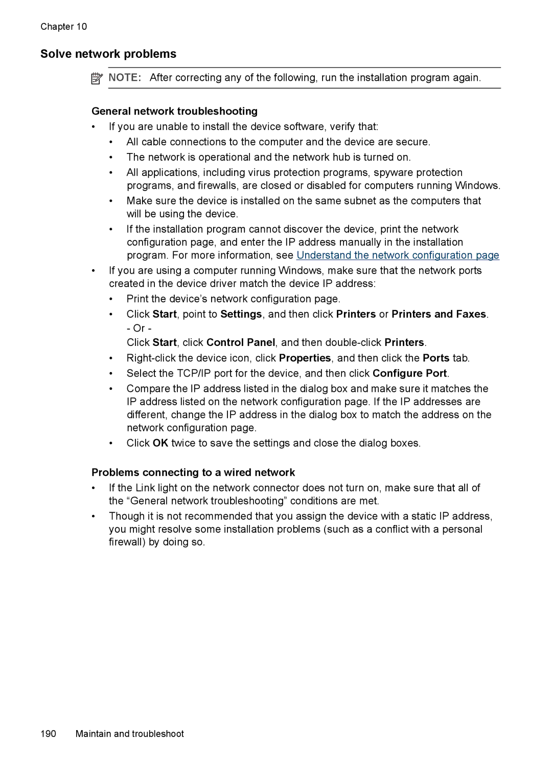 HP Pro L7650, Pro L7750 Solve network problems, General network troubleshooting, Problems connecting to a wired network 