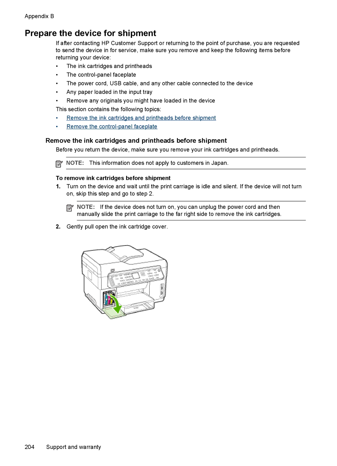 HP Pro L7750, Pro L7680 manual Prepare the device for shipment, Remove the ink cartridges and printheads before shipment 