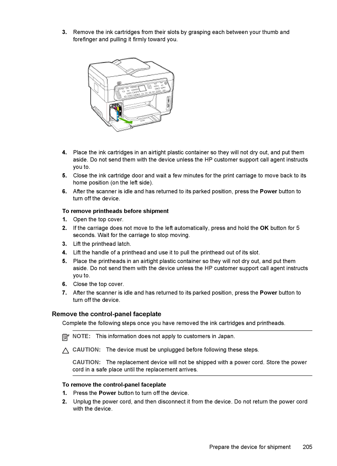 HP Pro L7680, Pro L7750, Pro L7650, Pro L7580 manual Remove the control-panel faceplate, To remove printheads before shipment 