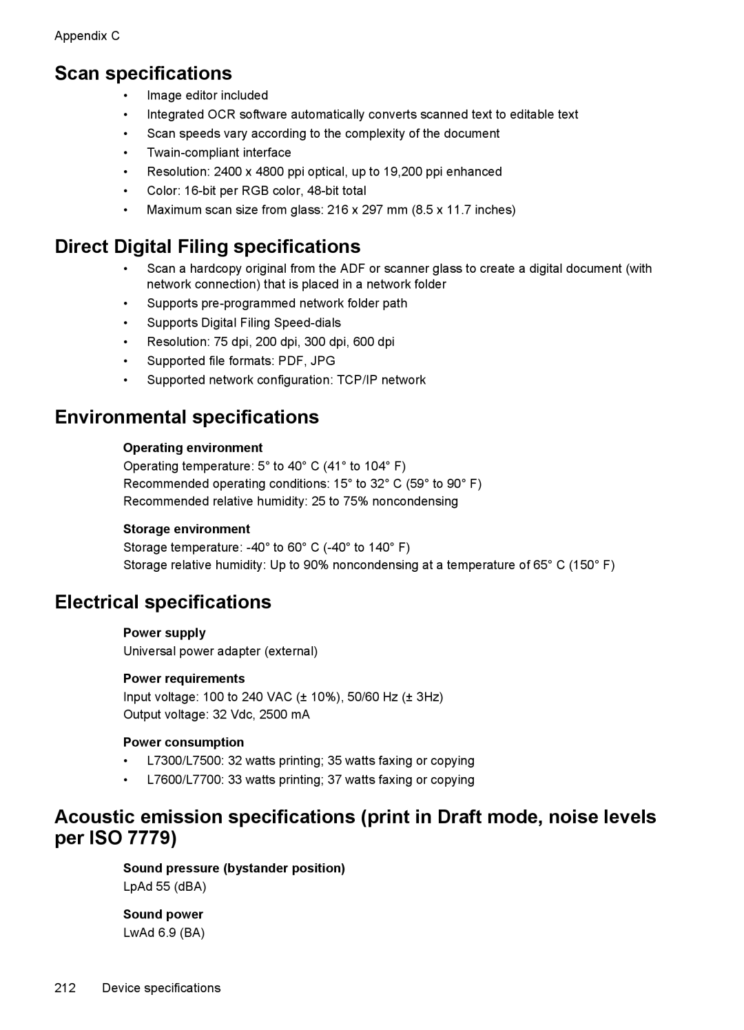 HP Pro L7750, Pro L7680, Pro L7650 Scan specifications, Direct Digital Filing specifications, Environmental specifications 