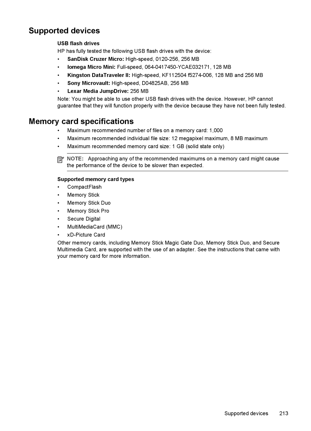 HP Pro L7680, Pro L7750 manual Supported devices, Memory card specifications, USB flash drives, Lexar Media JumpDrive 256 MB 