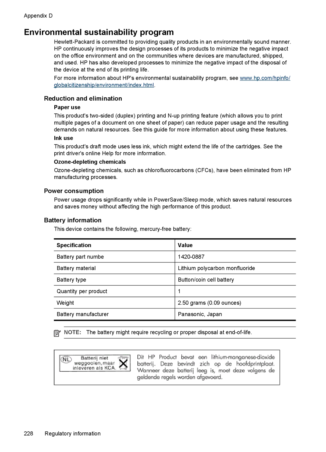 HP Pro L7750 manual Environmental sustainability program, Reduction and elimination, Power consumption, Battery information 