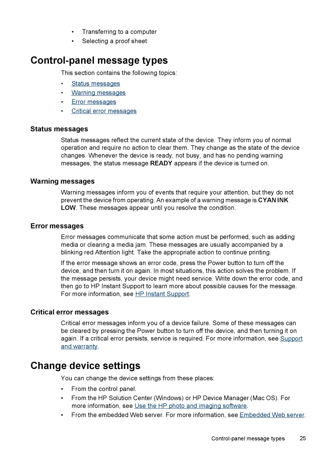 HP Pro L7555 Control-panel message types, Change device settings, Status messages, Error messages, Critical error messages 