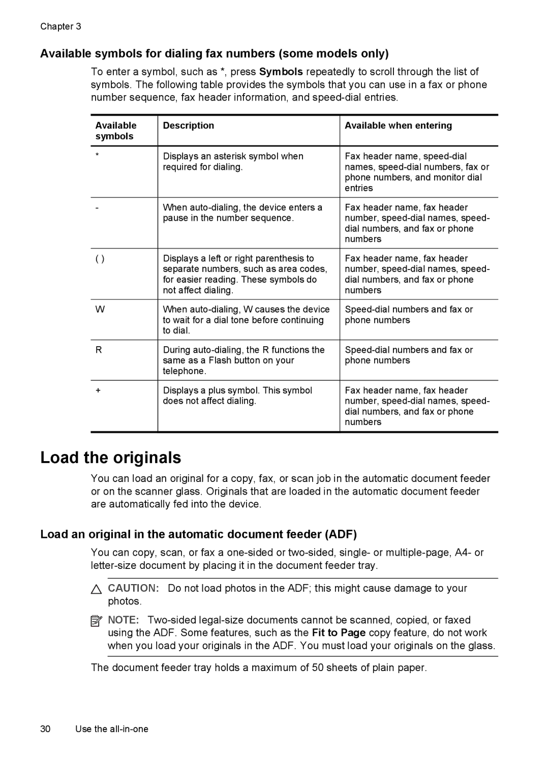 HP Pro L7650 Load the originals, Available symbols for dialing fax numbers some models only, Available Description symbols 