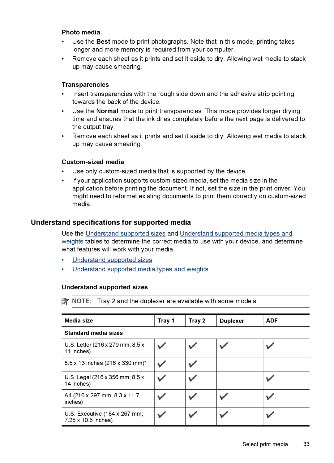 HP Pro L7555, Pro L7750 Understand specifications for supported media, Photo media, Transparencies, Custom-sized media 