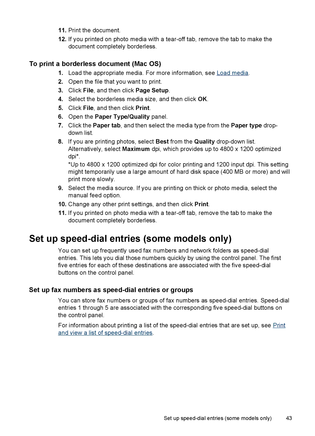 HP Pro L7590, Pro L7750, Pro L7680 manual Set up speed-dial entries some models only, To print a borderless document Mac OS 