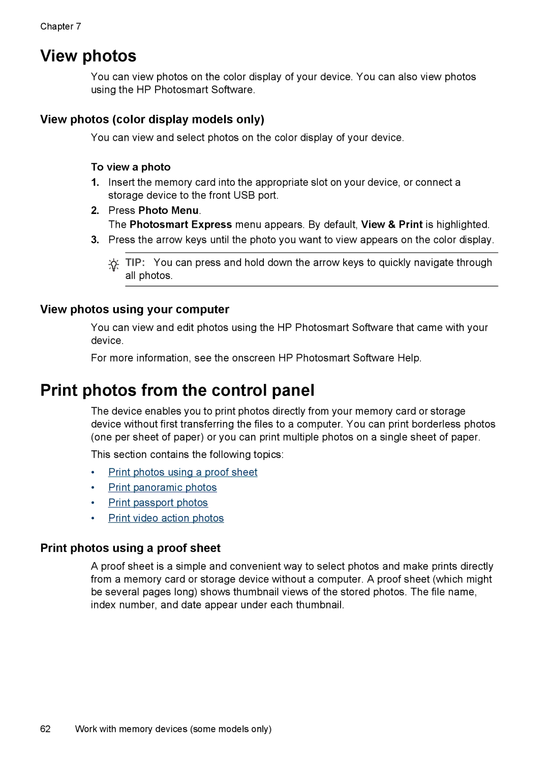 HP Pro L7650, Pro L7750, Pro L7680, Pro L7580 Print photos from the control panel, View photos color display models only 