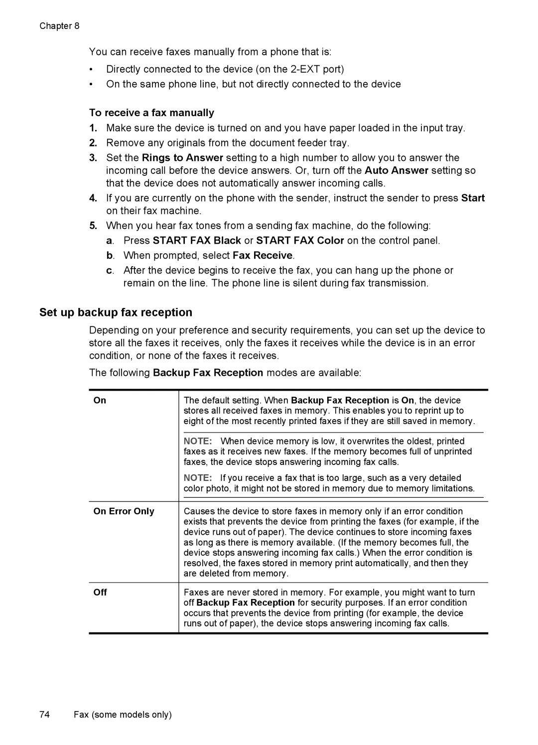 HP Pro L7550, Pro L7750, Pro L7680, Pro L7650 Set up backup fax reception, To receive a fax manually, On Error Only, Off 
