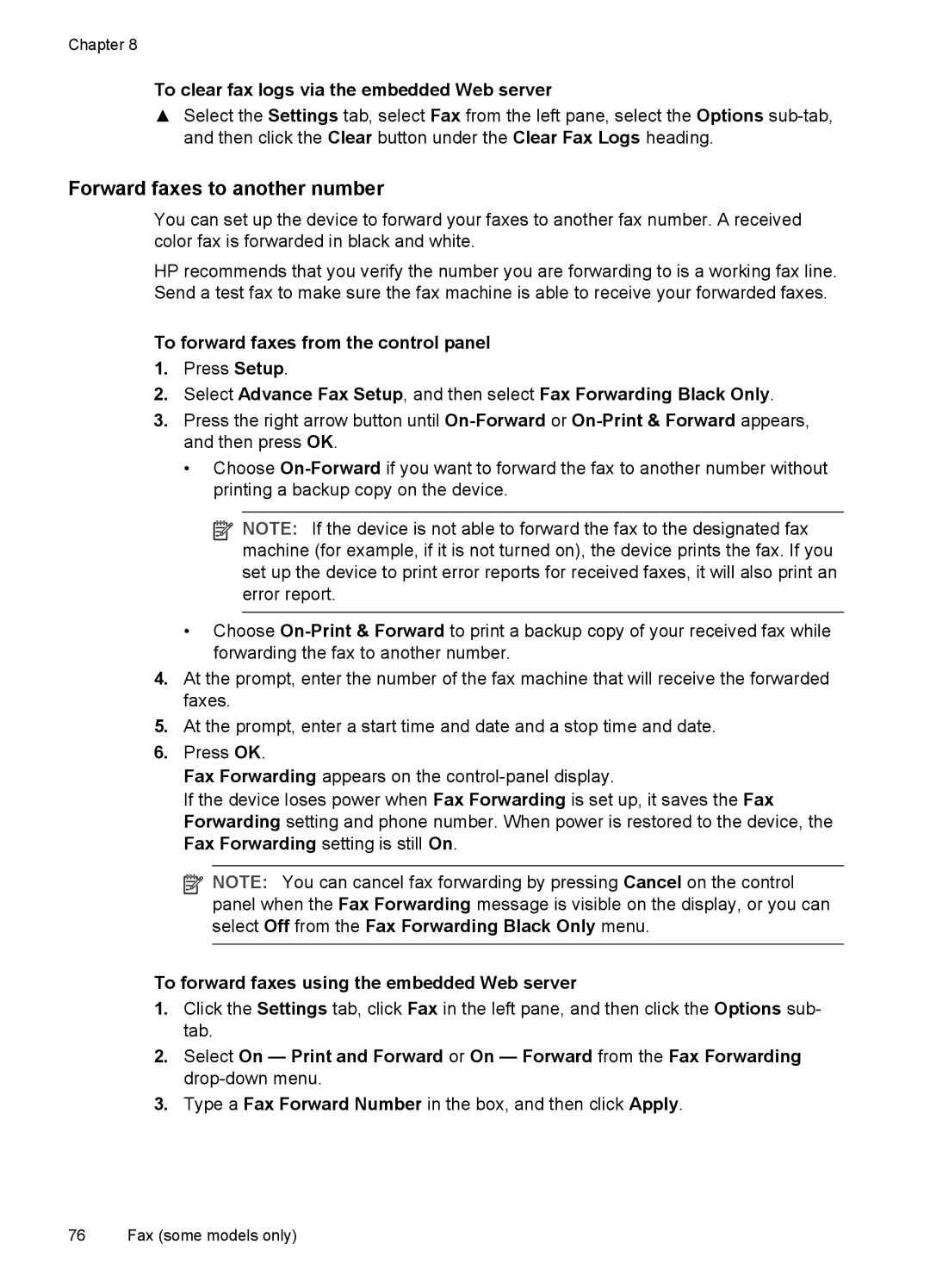 HP Pro L7750, Pro L7680, Pro L7650, Pro L7580 Forward faxes to another number, To clear fax logs via the embedded Web server 