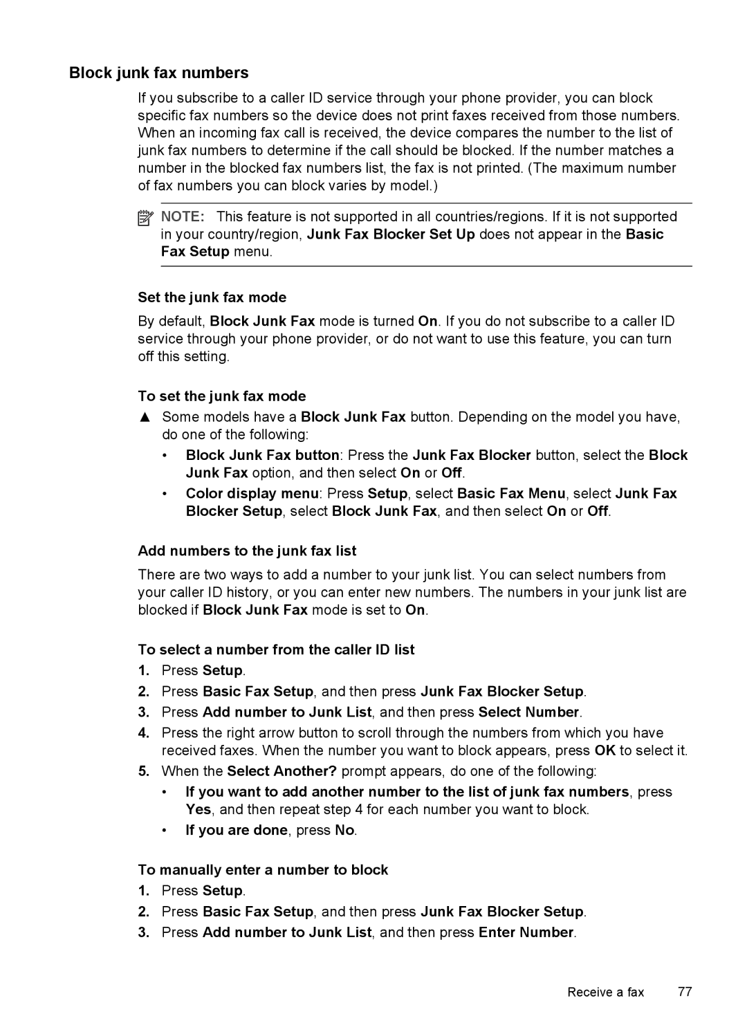 HP Pro L7680, Pro L7750, Pro L7650, Pro L7580 manual Block junk fax numbers, Set the junk fax mode, To set the junk fax mode 