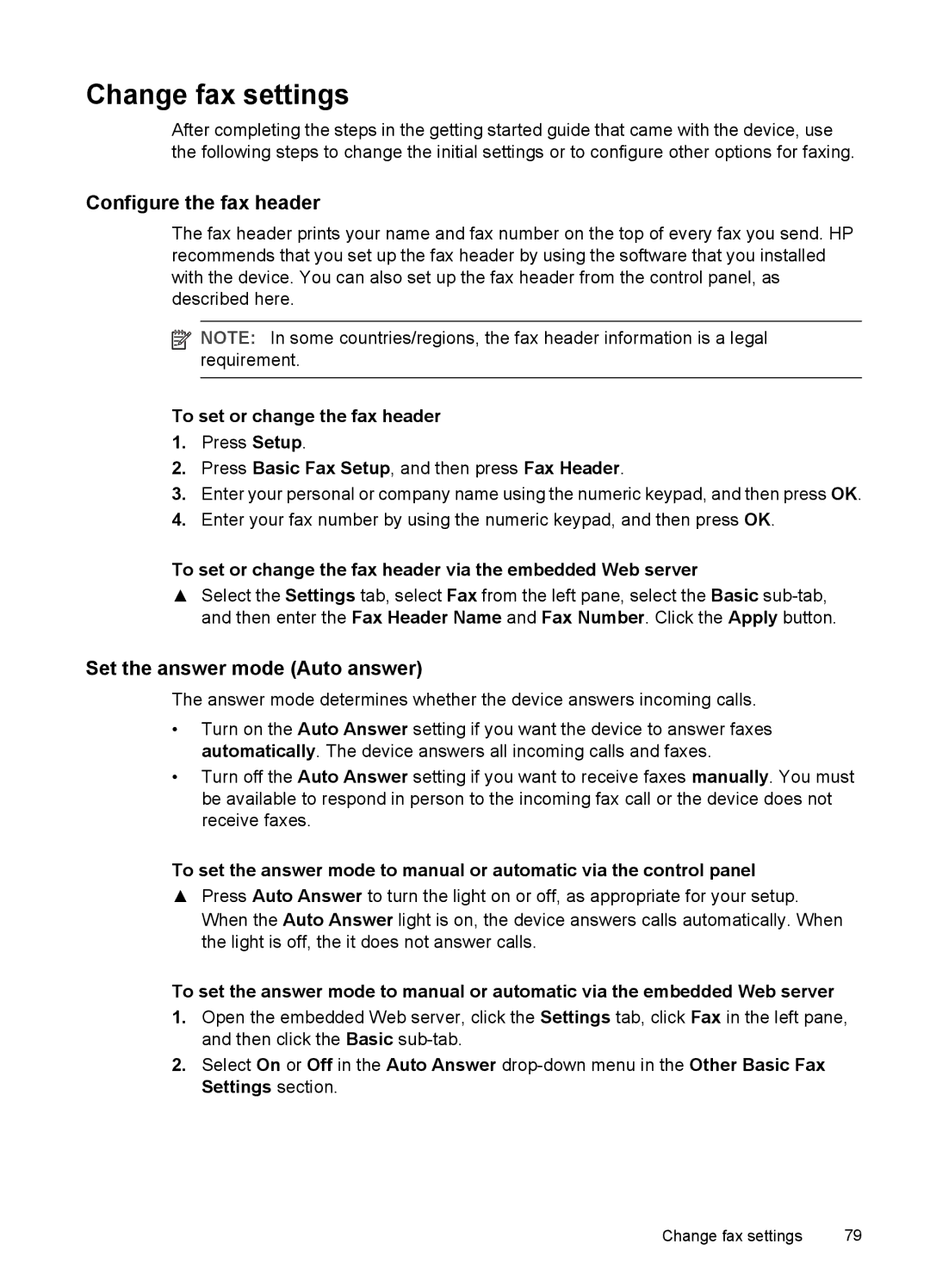 HP Pro L7580, Pro L7750, Pro L7680, Pro L7650 Change fax settings, Configure the fax header, Set the answer mode Auto answer 