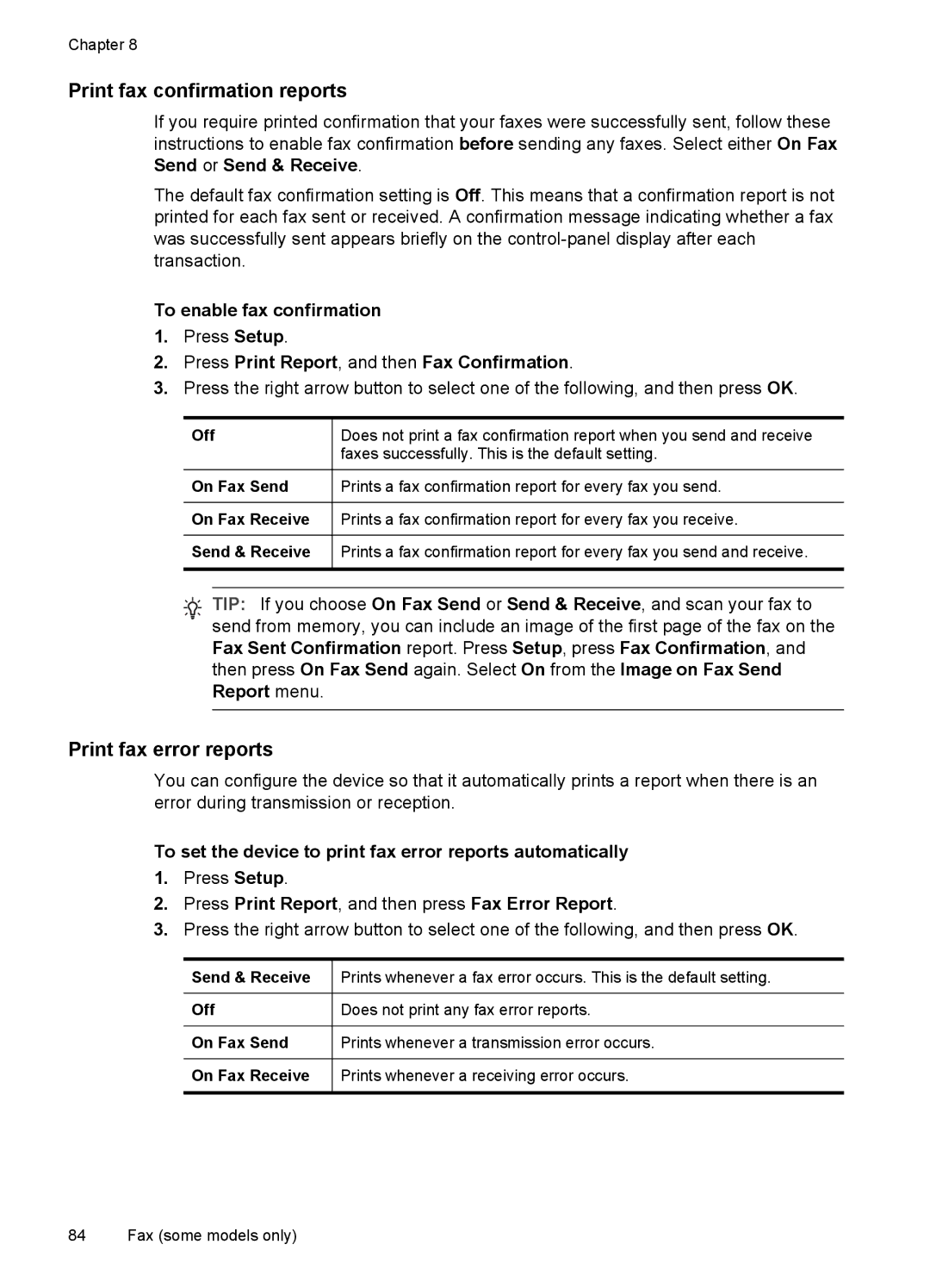 HP Pro L7750, Pro L7680, Pro L7650, Pro L7580, Pro L7780, Pro L7555 Print fax confirmation reports, Print fax error reports 