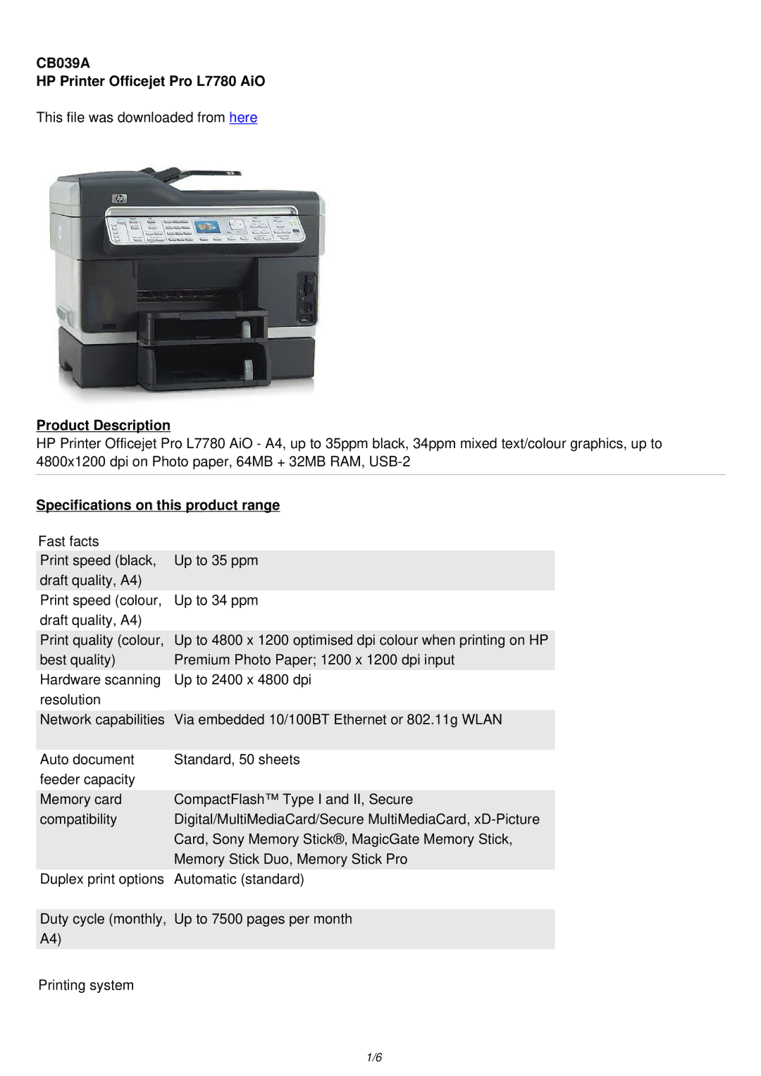 HP PRO L7780 AIO manual CB039A HP Printer Officejet Pro L7780 AiO 