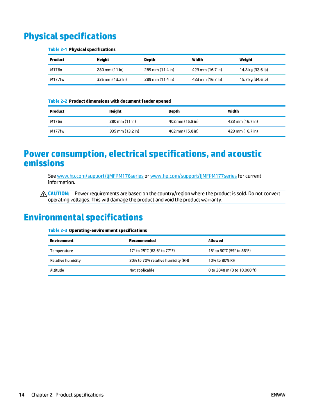 HP Pro MFP M177fw, Pro MFP M176n manual 1Physical specifications 