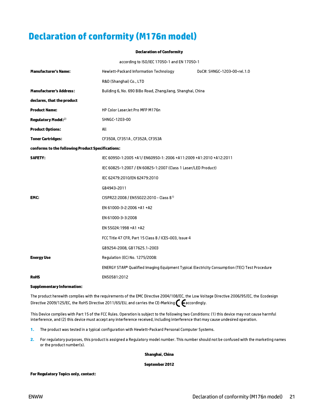 HP Pro MFP M176n, Pro MFP M177fw manual Declaration of conformity M176n model, Safety 