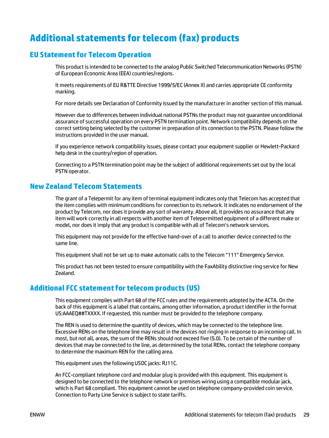 HP Pro MFP M176n, Pro MFP M177fw manual Additional statements for telecom fax products, EU Statement for Telecom Operation 