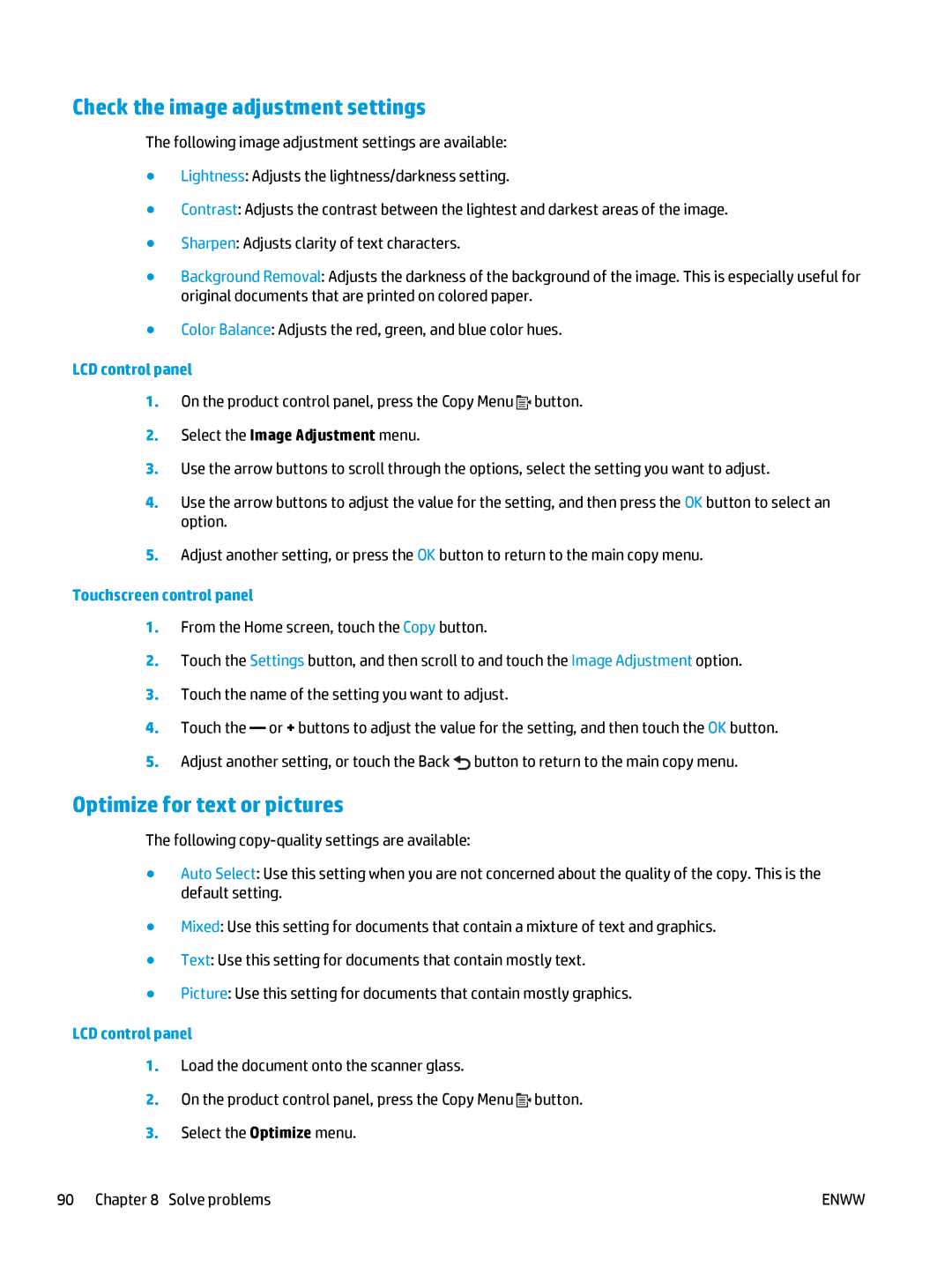 HP Pro MFP M177fw manual Check the image adjustment settings, Optimize for text or pictures 