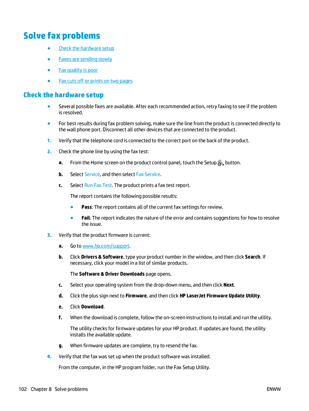 HP Pro MFP M177fw manual Solve fax problems, Check the hardware setup 