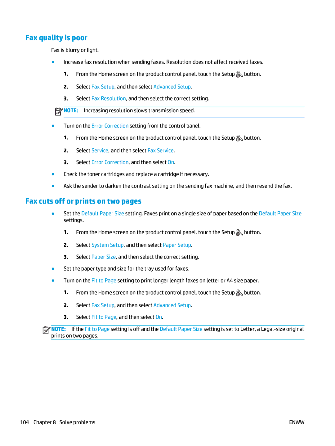 HP Pro MFP M177fw manual Fax quality is poor, Fax cuts off or prints on two pages 