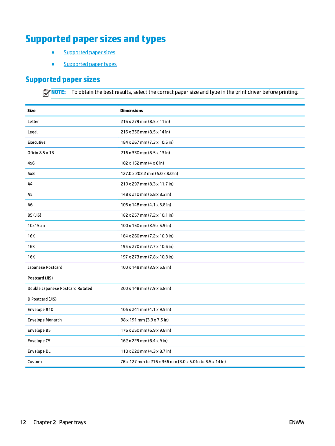 HP Pro MFP M177fw manual Supported paper sizes and types, Supported paper sizes Supported paper types 