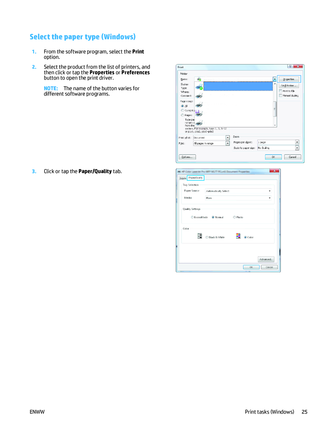 HP Pro MFP M177fw manual Select the paper type Windows 