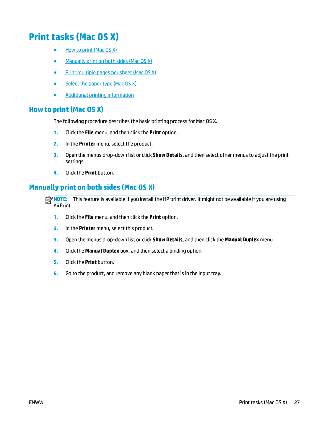 HP Pro MFP M177fw manual Print tasks Mac OS, How to print Mac OS, Manually print on both sides Mac OS 