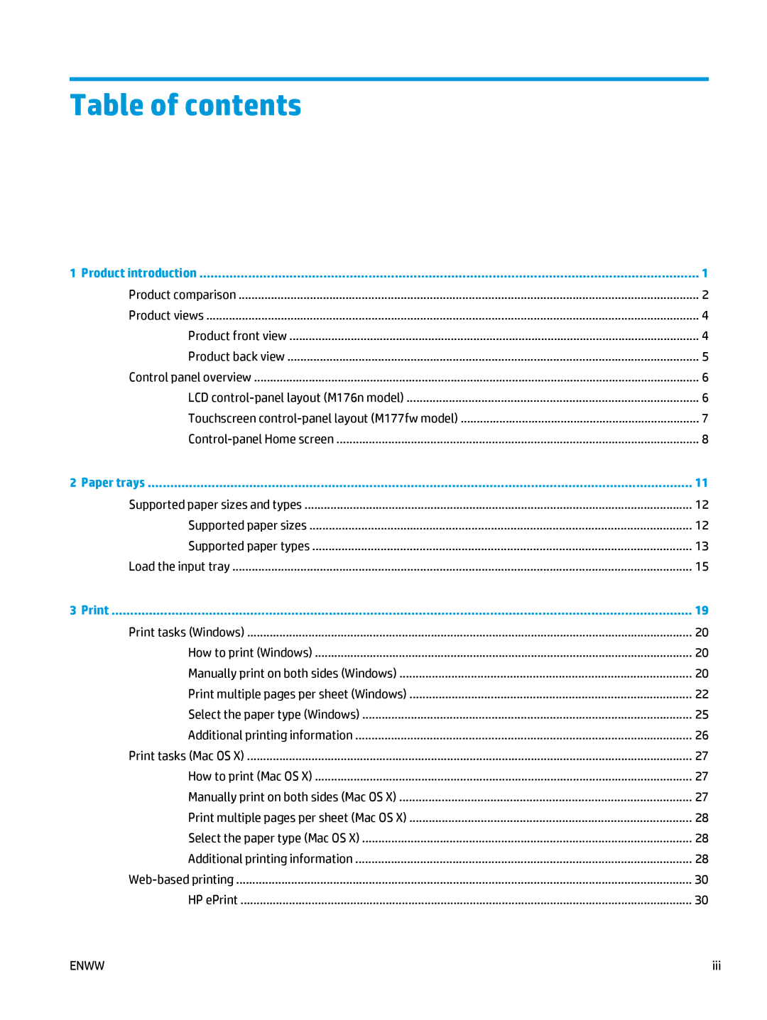 HP Pro MFP M177fw manual Table of contents 