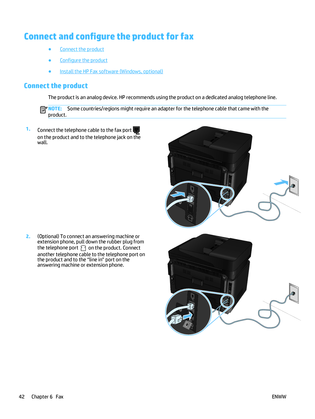 HP Pro MFP M177fw manual Connect and configure the product for fax, Connect the product 