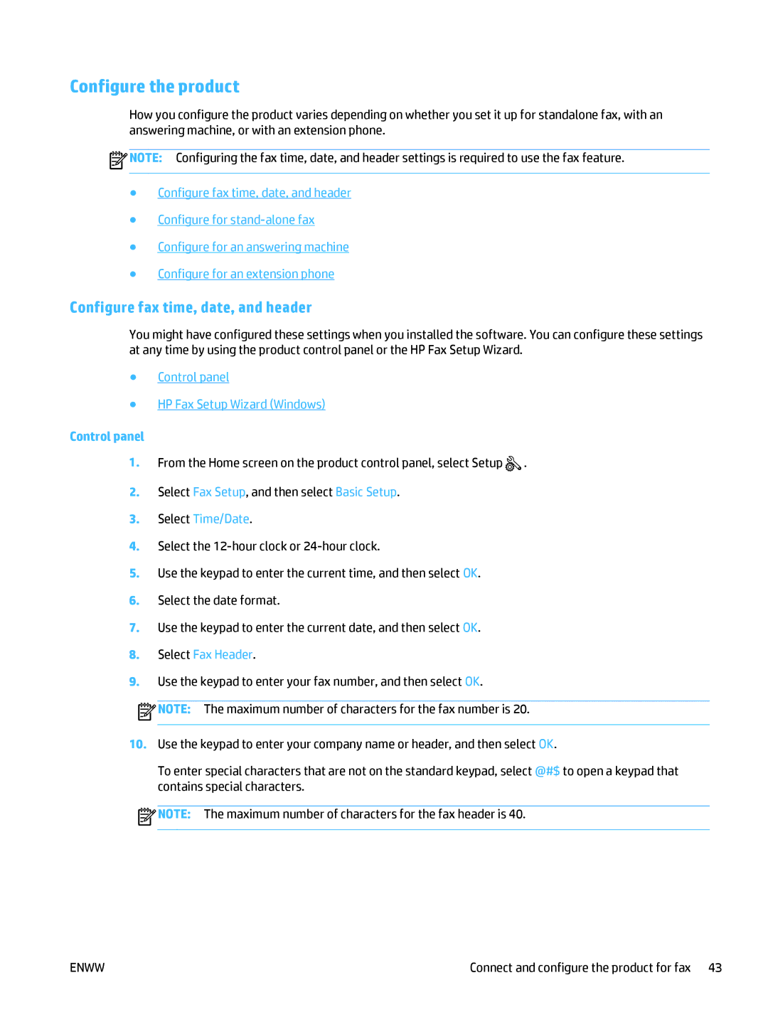 HP Pro MFP M177fw Configure the product, Control panel HP Fax Setup Wizard Windows, Select Time/Date, Select Fax Header 