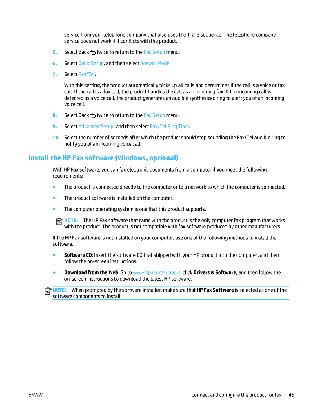 HP Pro MFP M177fw Install the HP Fax software Windows, optional, Select Advanced Setup, and then select Fax/Tel Ring Time 