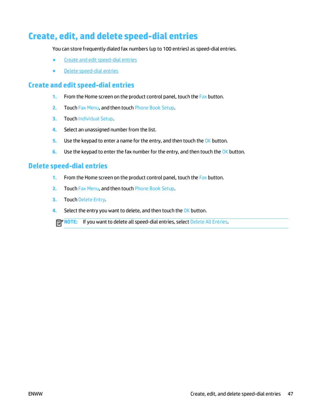 HP Pro MFP M177fw Create, edit, and delete speed-dial entries, Create and edit speed-dial entries, Touch Individual Setup 