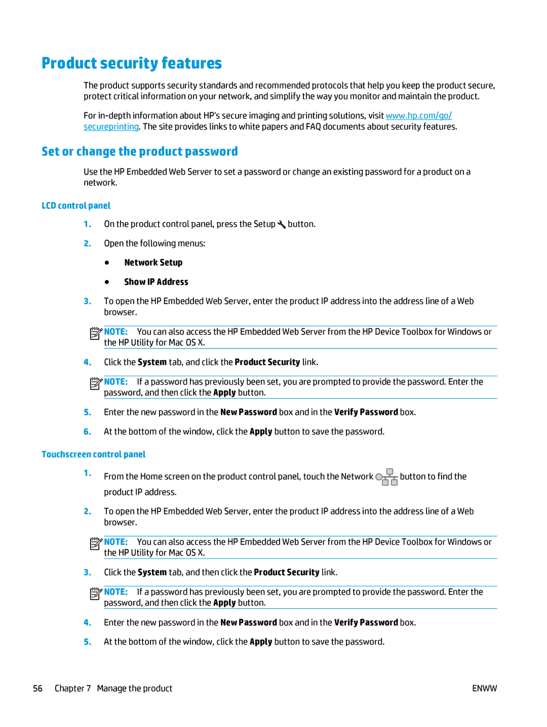 HP Pro MFP M177fw manual Product security features, Set or change the product password 