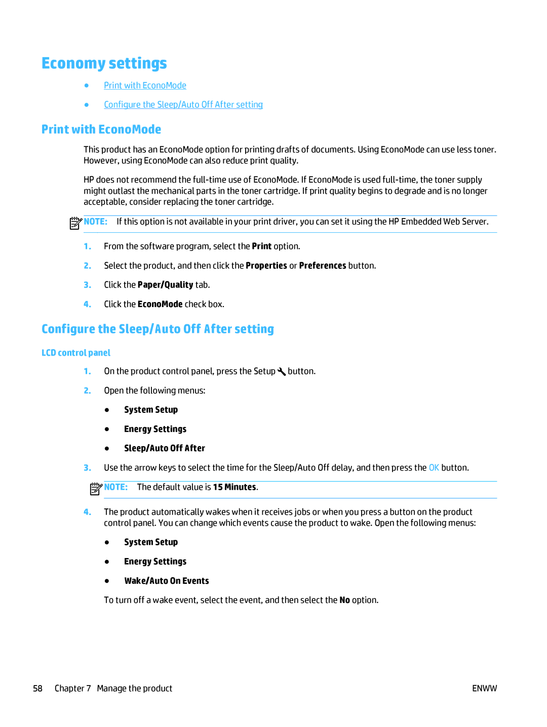 HP Pro MFP M177fw manual Economy settings, Print with EconoMode, Configure the Sleep/Auto Off After setting 