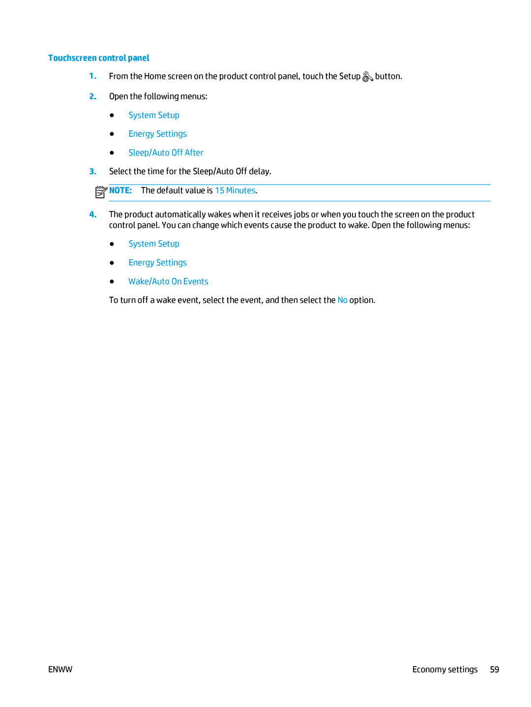 HP Pro MFP M177fw System Setup Energy Settings Sleep/Auto Off After, System Setup Energy Settings Wake/Auto On Events 