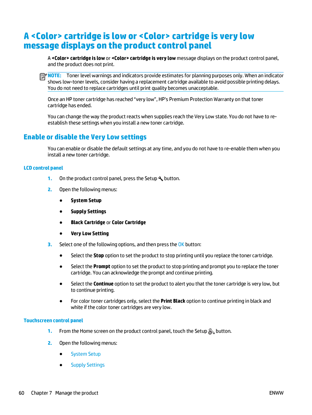 HP Pro MFP M177fw manual Enable or disable the Very Low settings, System Setup Supply Settings 