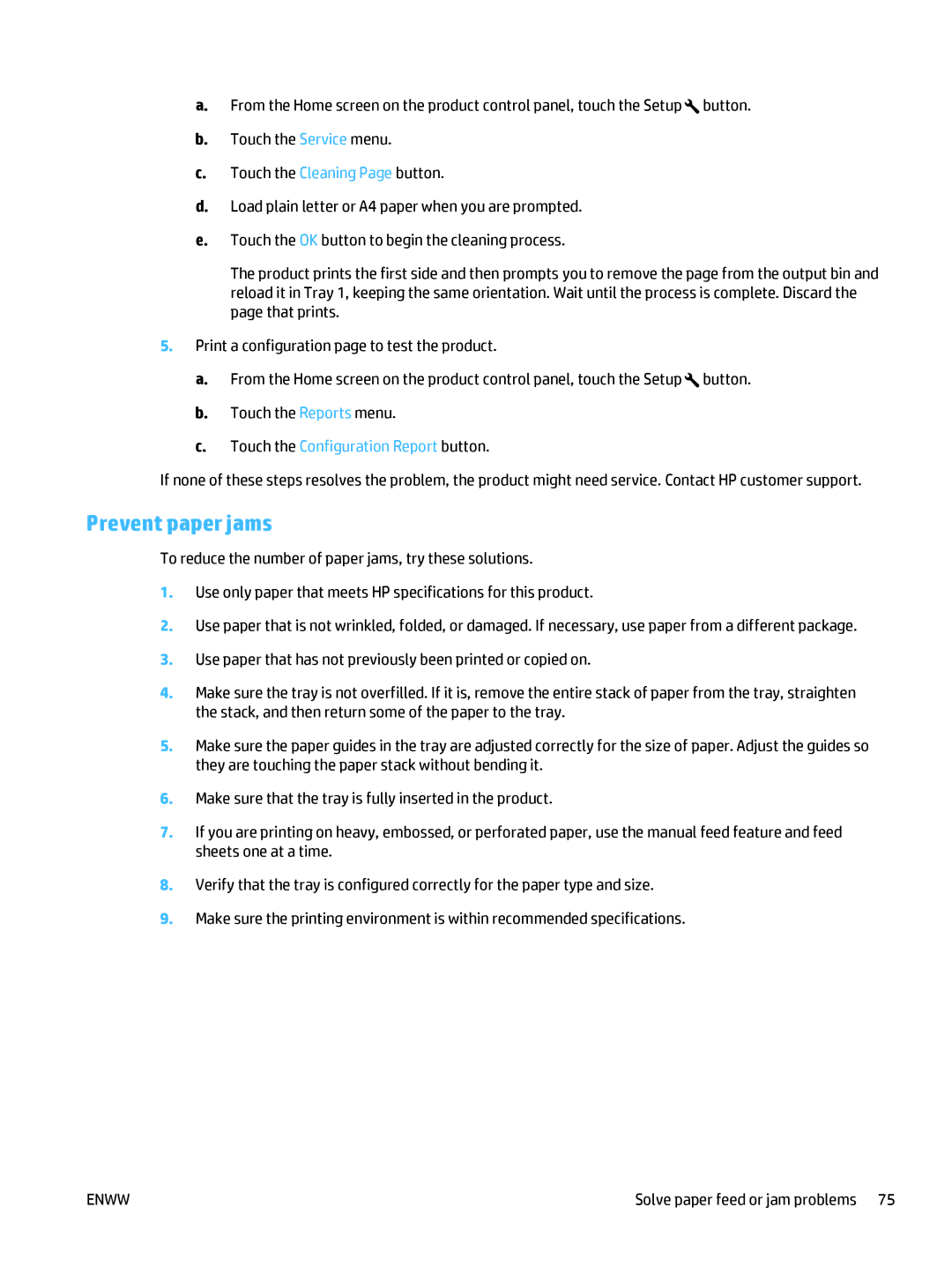 HP Pro MFP M177fw manual Prevent paper jams, Touch the Configuration Report button 