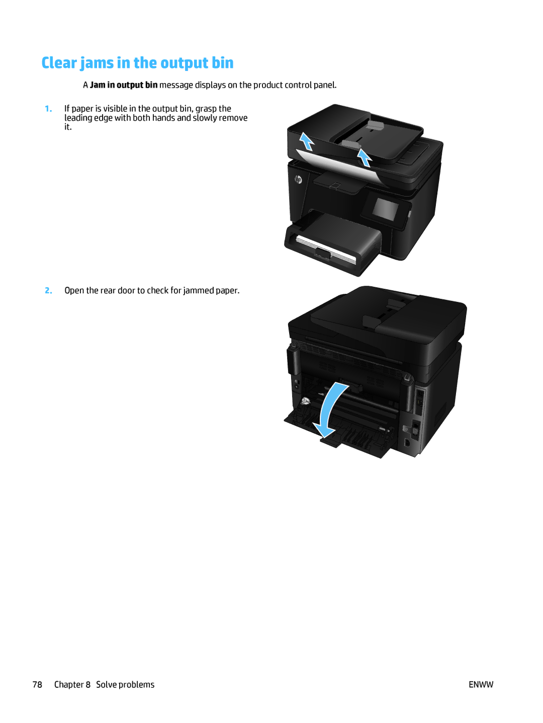 HP Pro MFP M177fw manual Clear jams in the output bin 