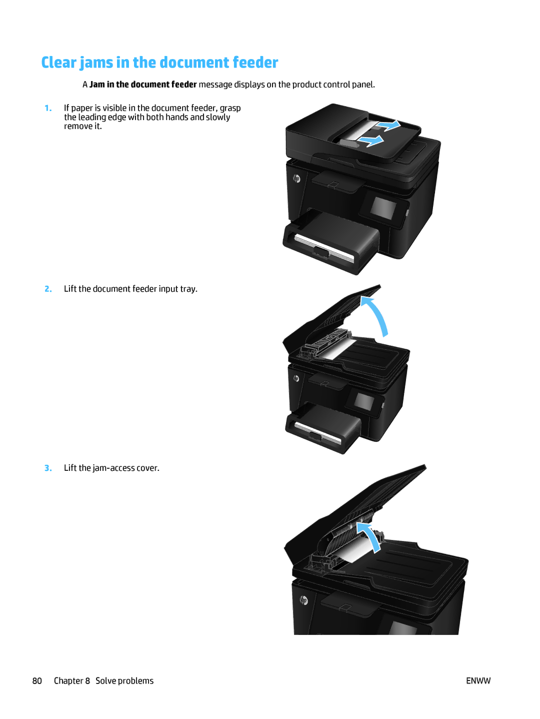 HP Pro MFP M177fw manual Clear jams in the document feeder 