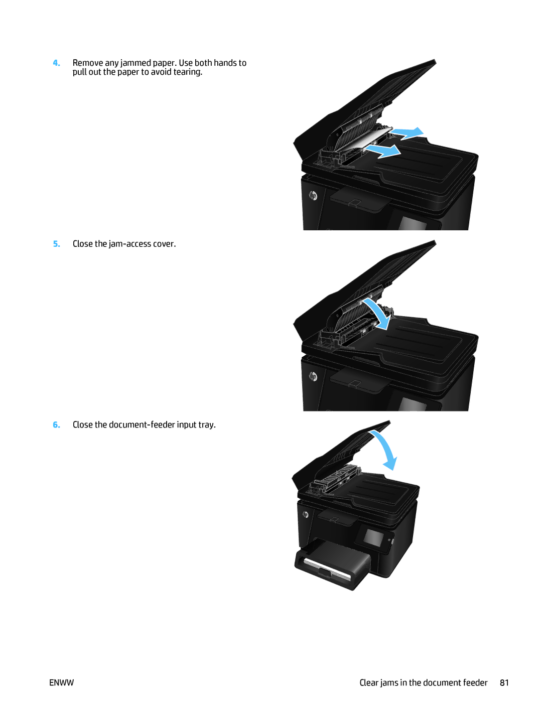 HP Pro MFP M177fw manual Clear jams in the document feeder 