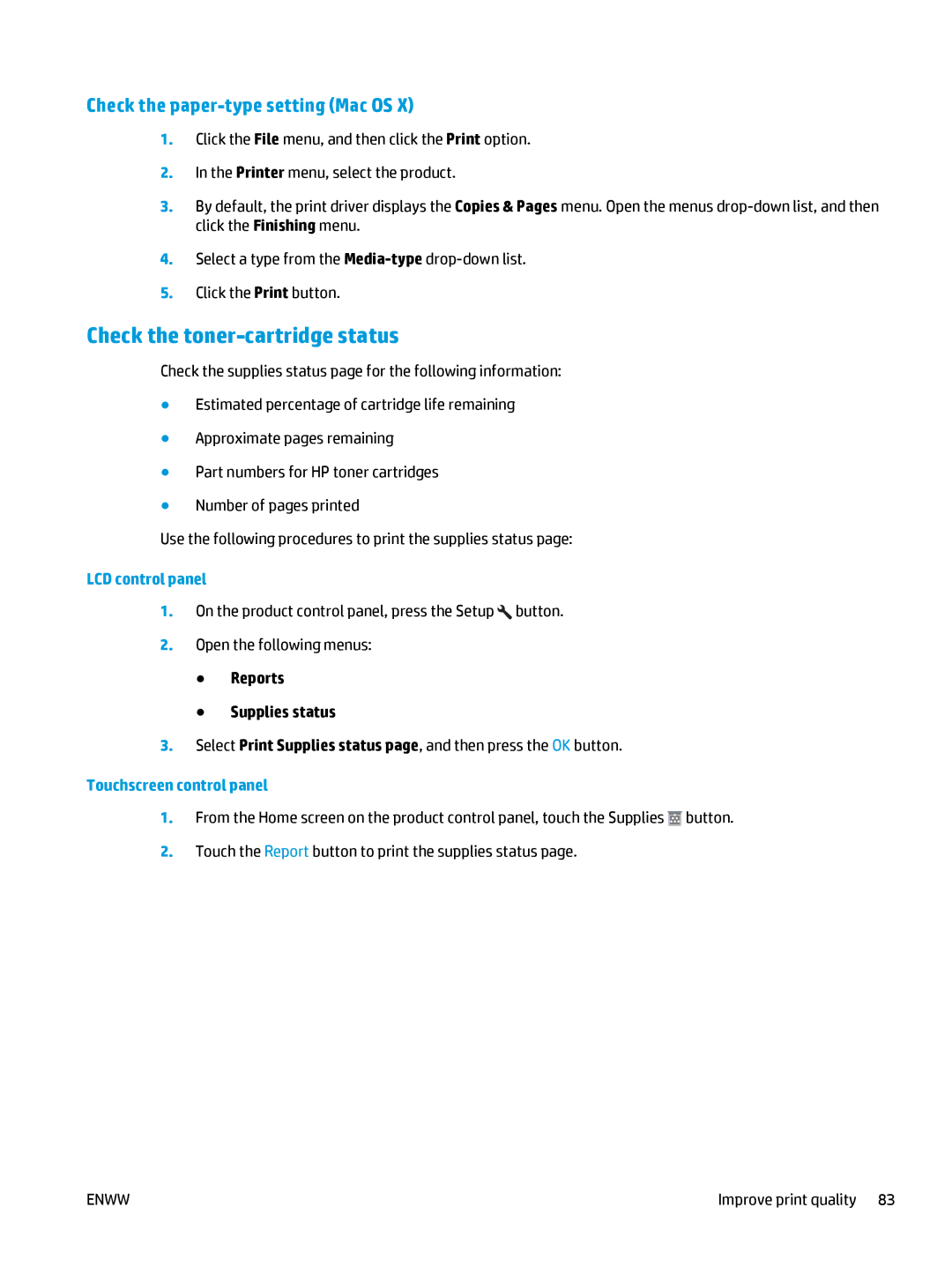 HP Pro MFP M177fw manual Check the toner-cartridge status, Check the paper-type setting Mac OS 