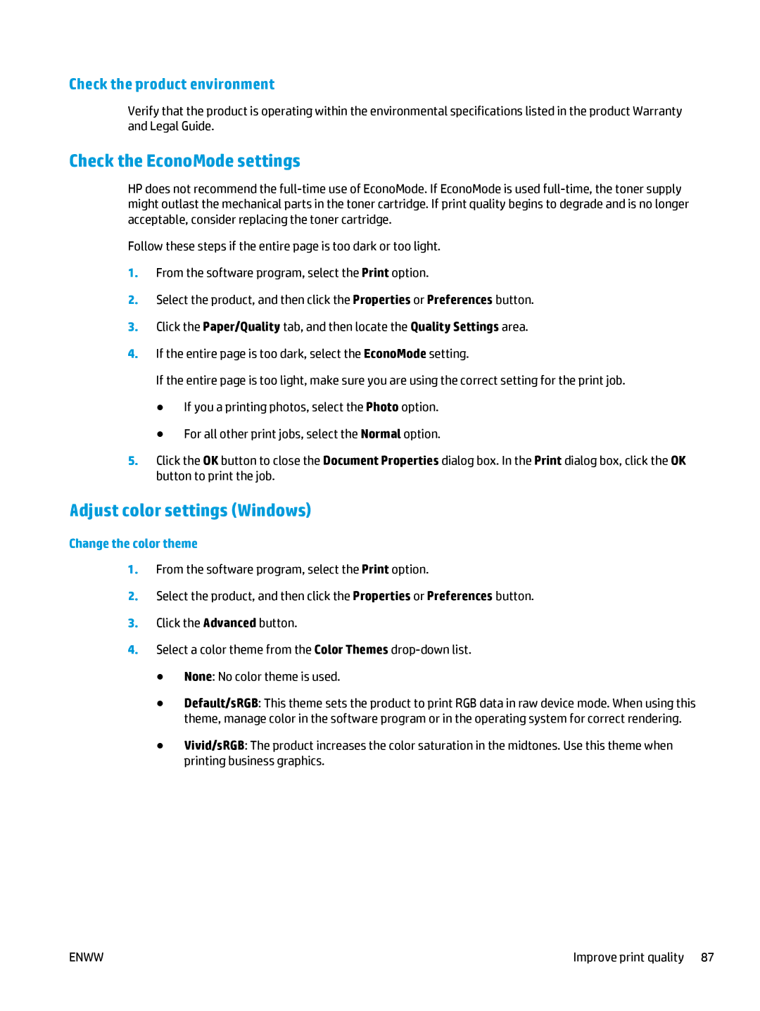 HP Pro MFP M177fw manual Check the EconoMode settings, Adjust color settings Windows 