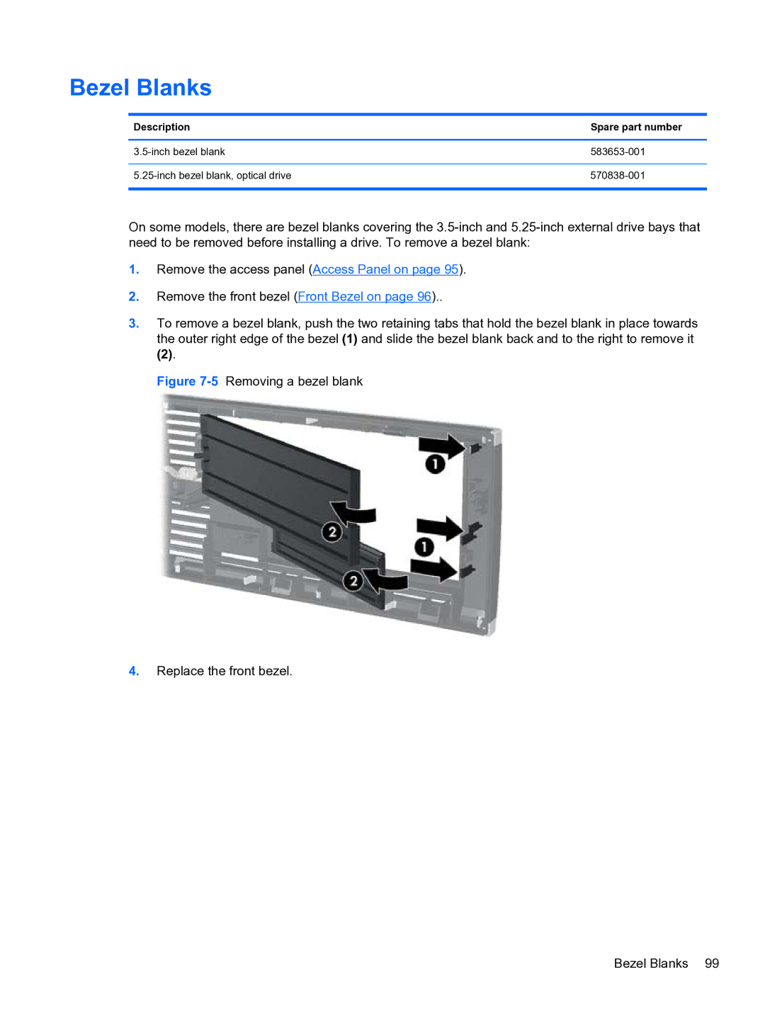 HP Pro QV985AV manual 5Removing a bezel blank Replace the front bezel Bezel Blanks 