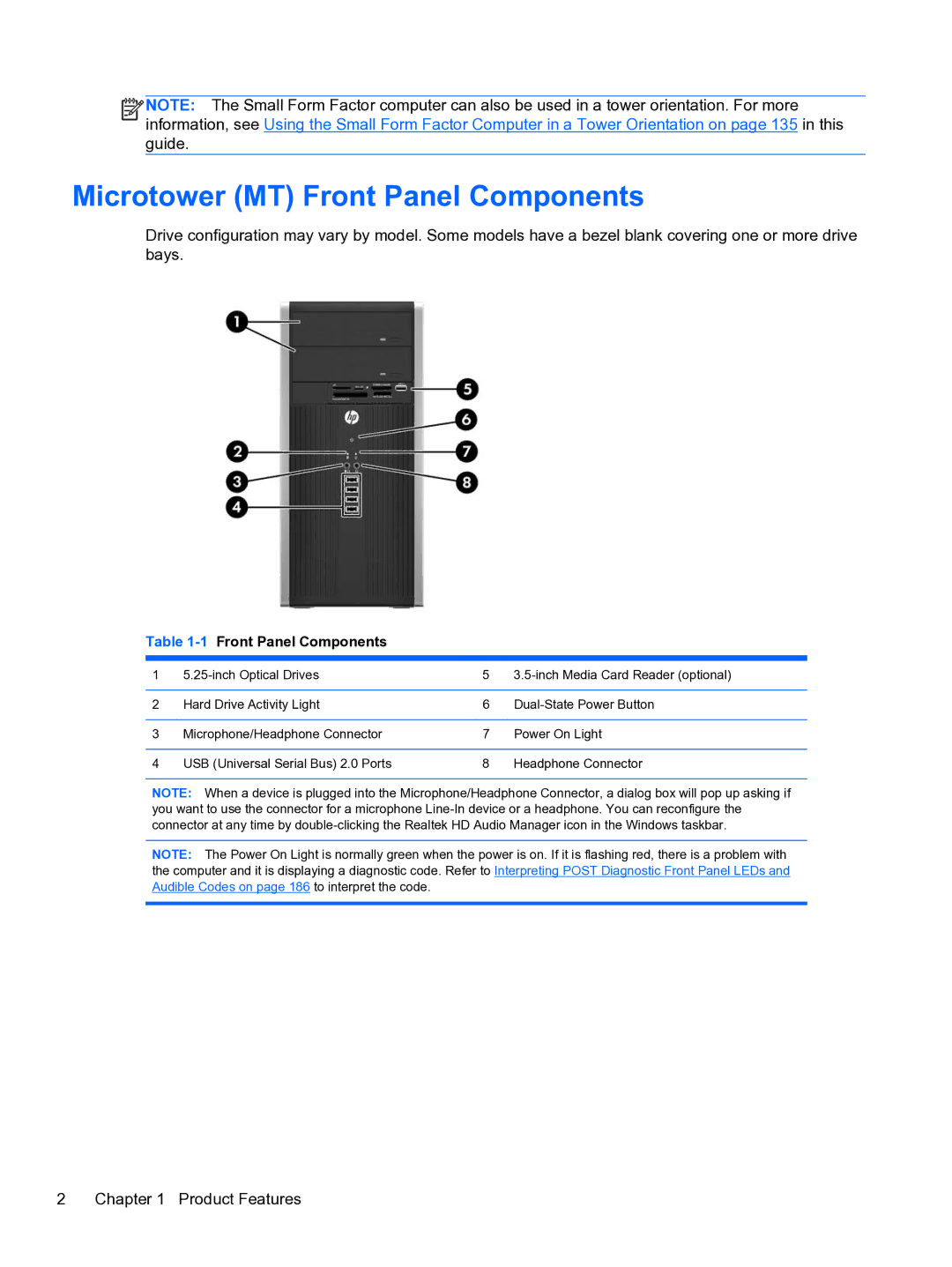 HP Pro QV985AV manual Microtower MT Front Panel Components, 1Front Panel Components 