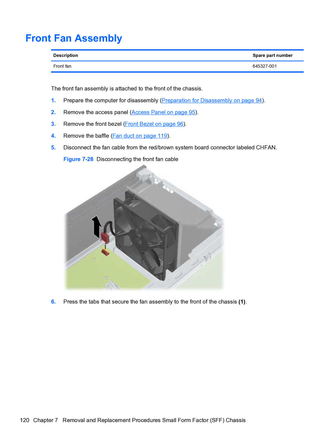 HP Pro QV985AV manual Front Fan Assembly, Description Spare part number Front fan 645327-001 