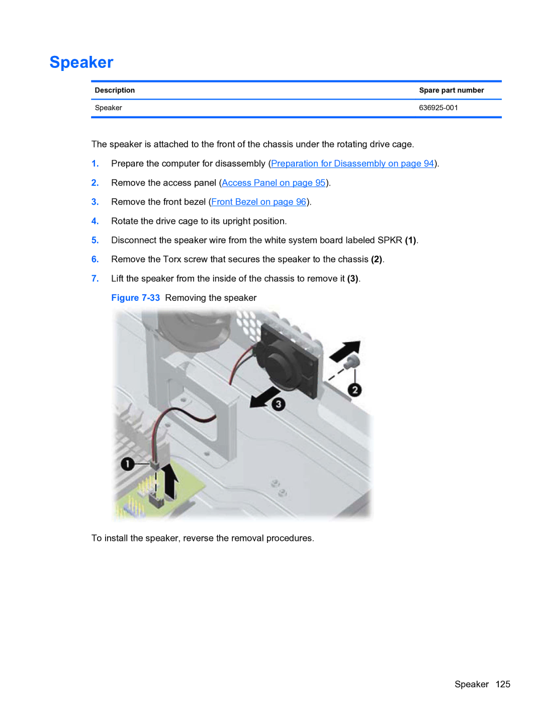 HP Pro QV985AV manual Description Spare part number Speaker 636925-001 