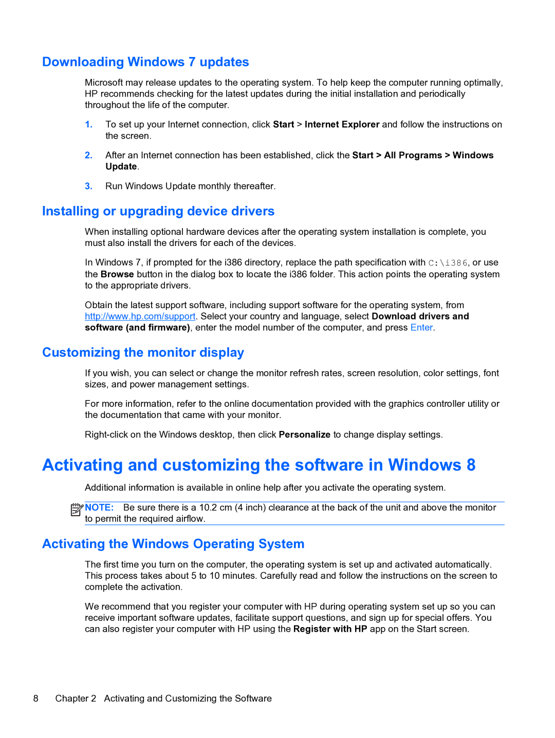 HP Pro QV985AV Downloading Windows 7 updates, Installing or upgrading device drivers, Customizing the monitor display 