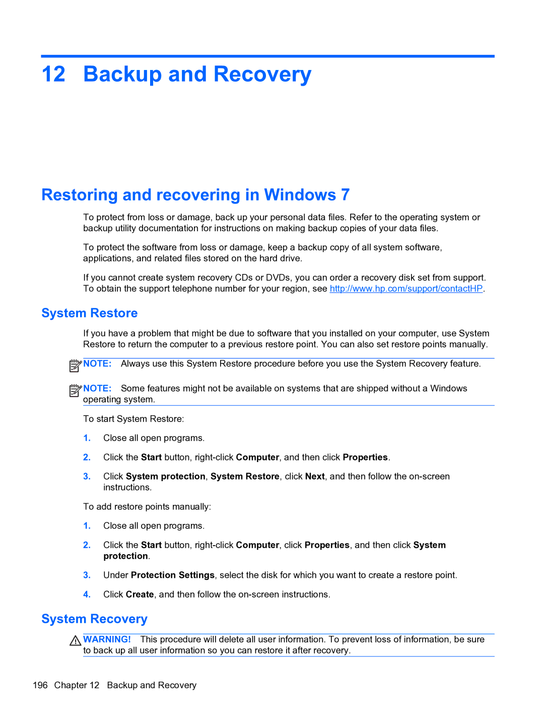 HP Pro QV985AV manual Backup and Recovery, Restoring and recovering in Windows, System Restore, System Recovery 