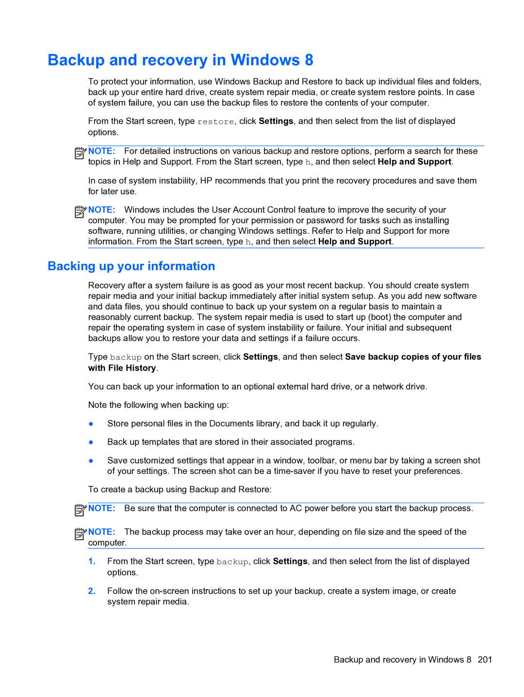 HP Pro QV985AV manual Backup and recovery in Windows, Backing up your information 