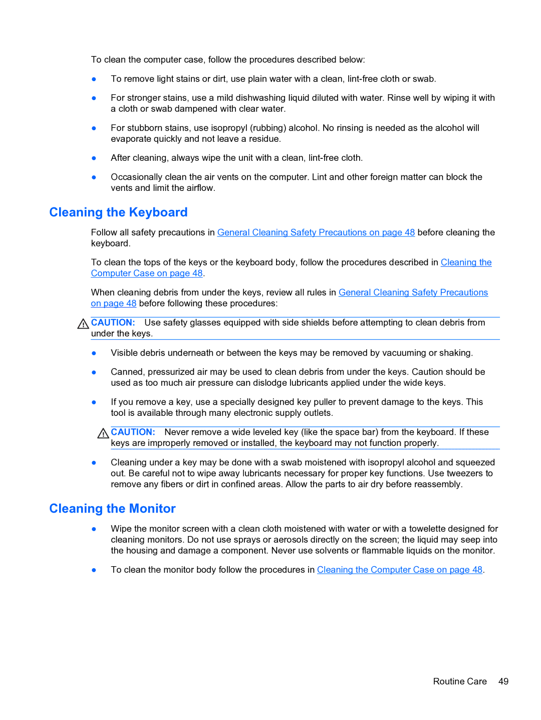 HP Pro QV985AV manual Cleaning the Keyboard, Cleaning the Monitor 
