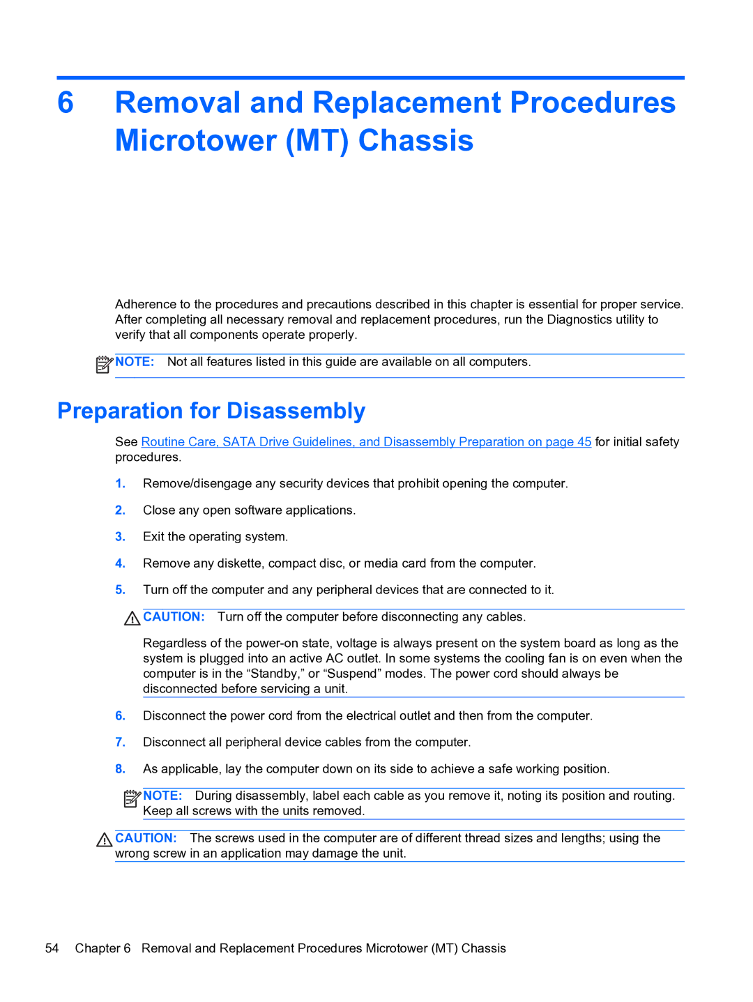 HP Pro QV985AV manual Removal and Replacement Procedures Microtower MT Chassis, Preparation for Disassembly 